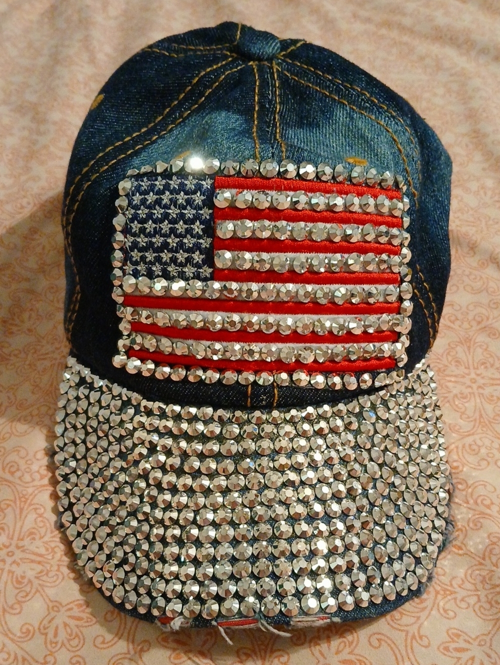 Denim Jeweled Baseball Cap Hat with Rhinestone American Flag Distressed